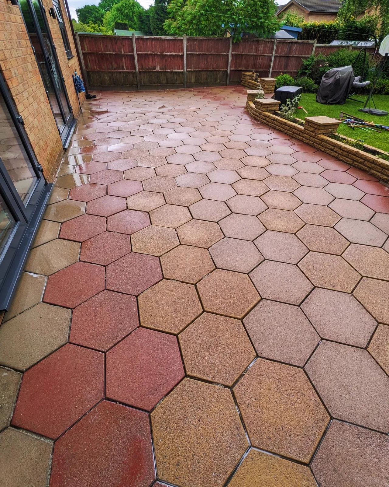 Freshly cleaned hexagonal garden patio